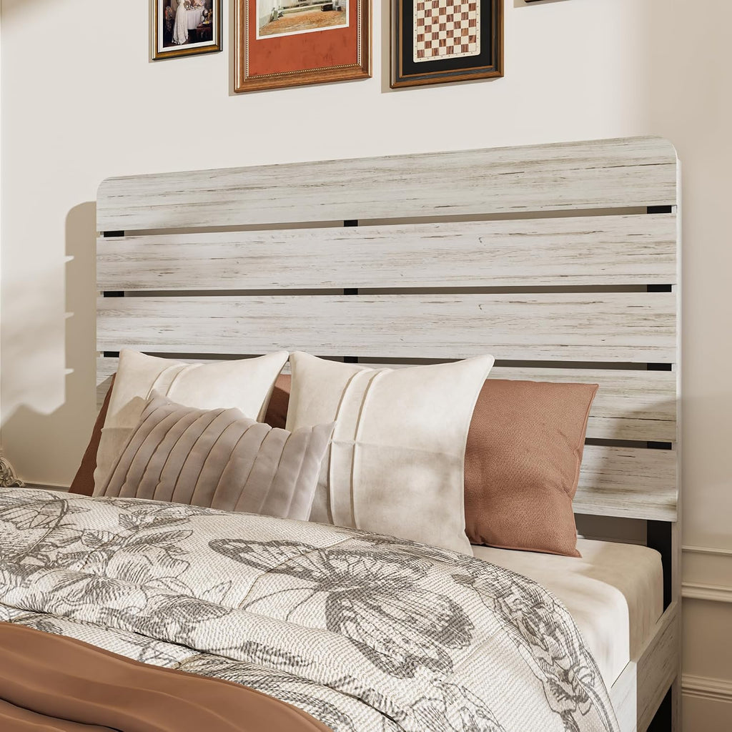 Queen Size Wooden Bed Frame with Headboard, Boho Platform Bedframe with Wood Slat Support, Sturdy and No Noise, Easy Assembly (Boho White, Queen)
