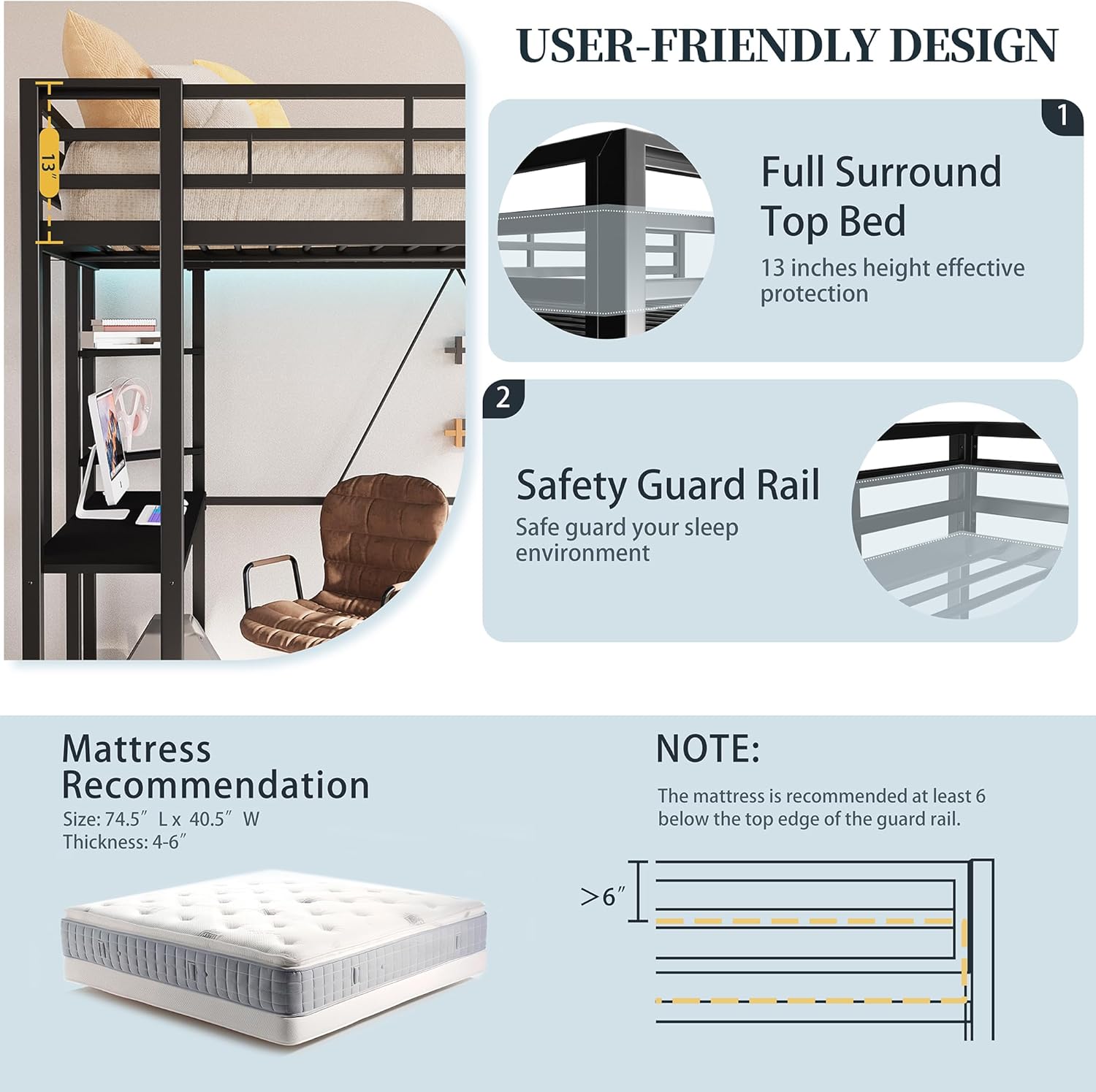 SUNLEI Loft Bed Twin Size with Desk and Safety Guard Rail, Twin Size Metal Bed Frame with Double Layer Shelves for Storage, No Box Spring 2 Security Ladders, Midnight Black