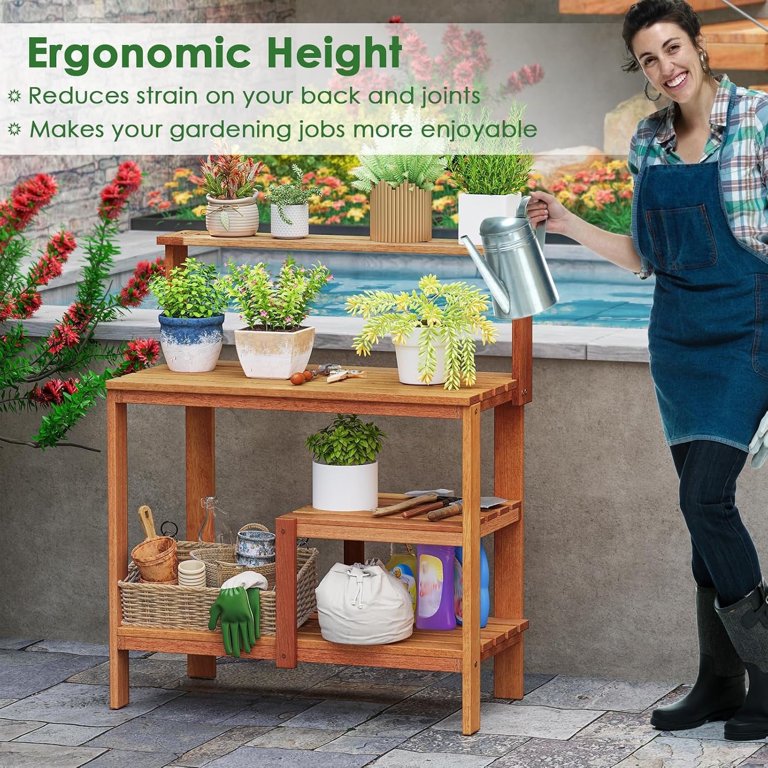 TANGZON Garden Potting Table, Solid Wood Potting Table with Trellis, Open Shelves, Teak Oil Finish, Gardening Workstation & Planting Work Table for Outdoor Patio Backyard Balcony