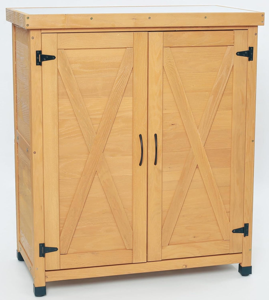 Potting Bench Outdoor Workstation Table with Storage Cabinet Metal Tabletop for Patio, Light Brown