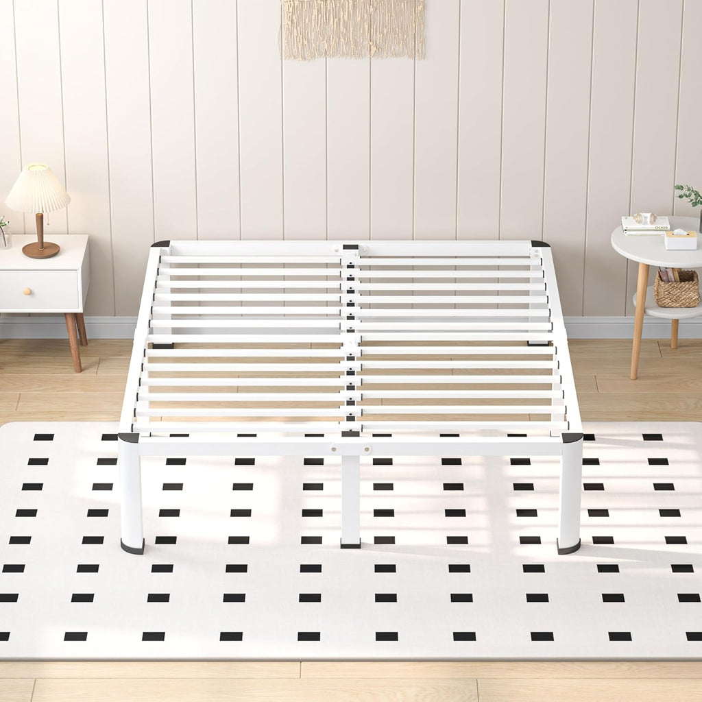VIPSHOW 14 Inch White Full Heavy Duty 3500 lbs Bed Frame with Round-Corner Legs & Anti-Squeak Design – Quick Assembly Metal Platform, No Box Spring Needed