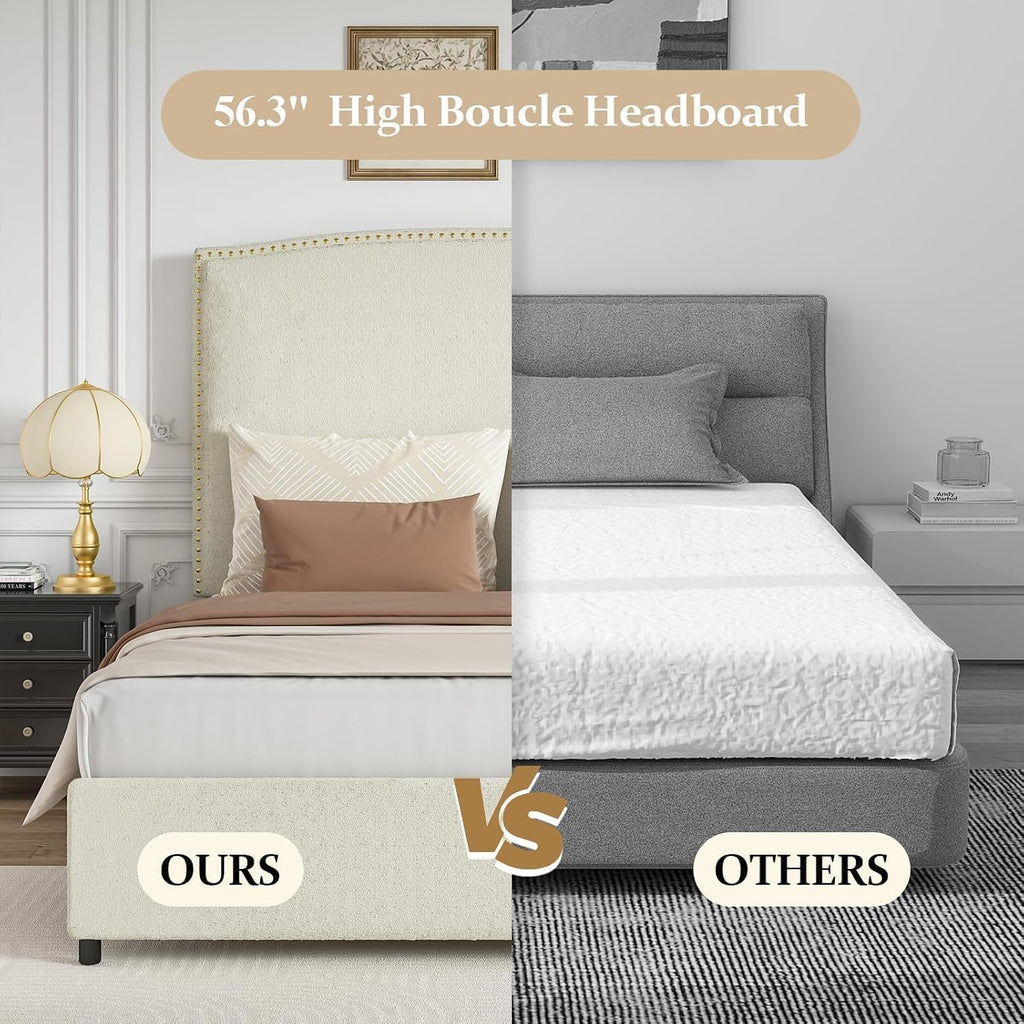 BarnFurin Queen Size Chenille Bed Frame with 56' Tall Headboard, Upholstered Platform Bed with Nailhead Trim Headboard, Soft Boucle Fabric, No Box Spring Needed, Easy Assembly, Beige