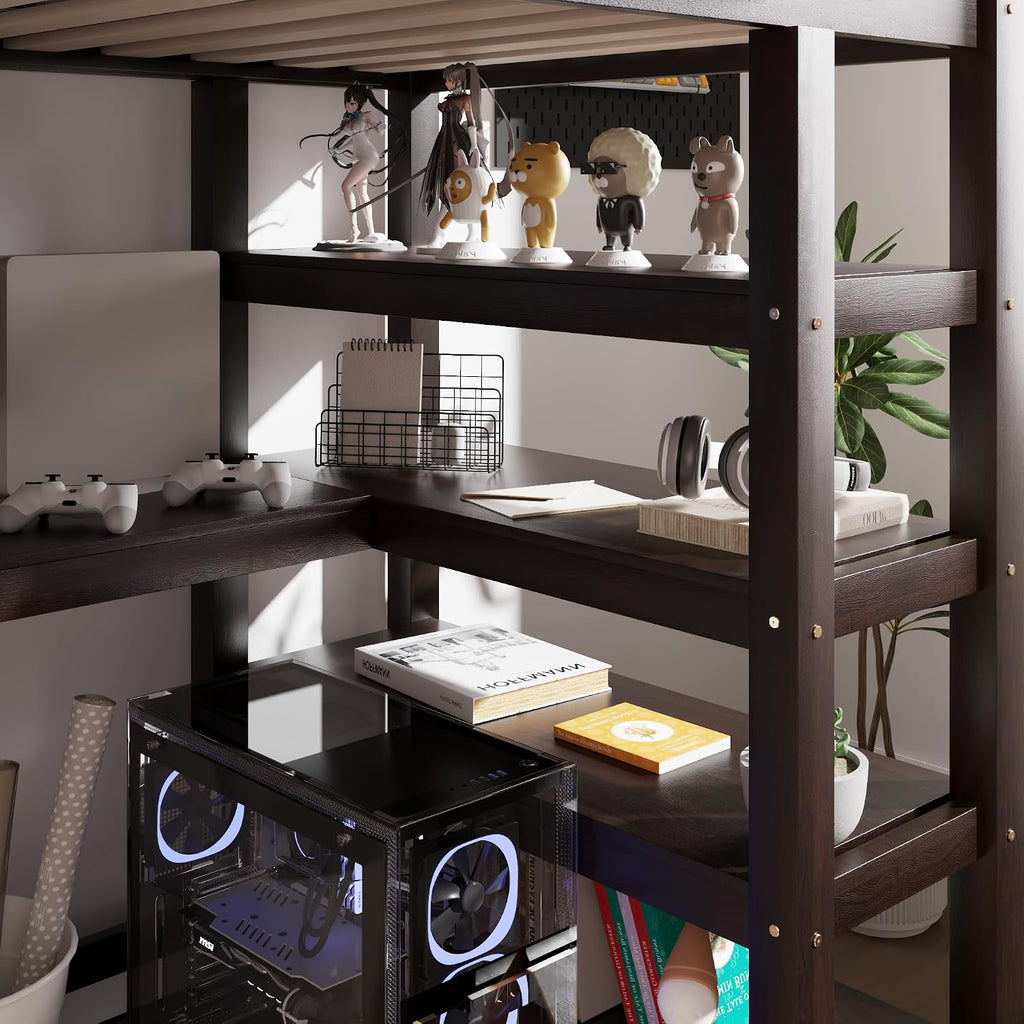 Merax Wood Loft Bed with Desk and Shelves : Twin Size Bed with Storage Shelves and Under-Bed Desk, Twin Loft Bed, Espresso Color