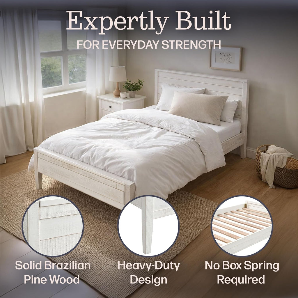 Alaterre Furniture Windsor Bed Frame with Headboard and Footboard - Solid Wood Twin Platform Bed Frame with Wood Slat Support - No Box Spring Needed, Easy Assembly (White Driftwood, Panel Headboard)