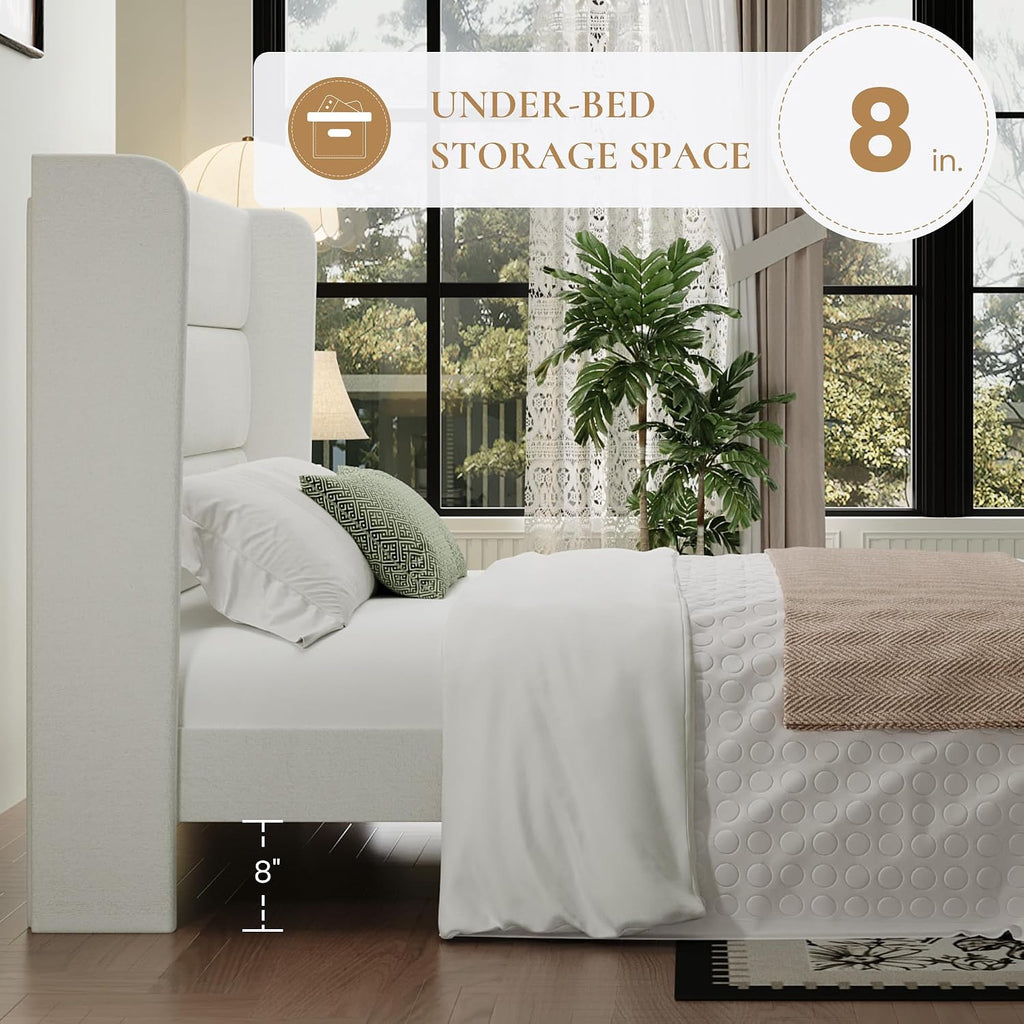 SHA CERLIN Full Size Velvet Bed Frame with Wingback Headboard/Upholstered Platform Bed with Wooden Slats/Mattress Foundation/No Box Spring Needed/Easy Assembly/White