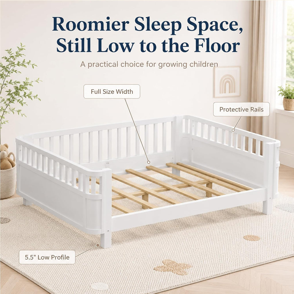 Full Size Kids Bed Frame, Low Profile Montessori Bed Full with Rails, Wood Daybed for Girls & Boys, No Spring Box Required, No Squeaks, White