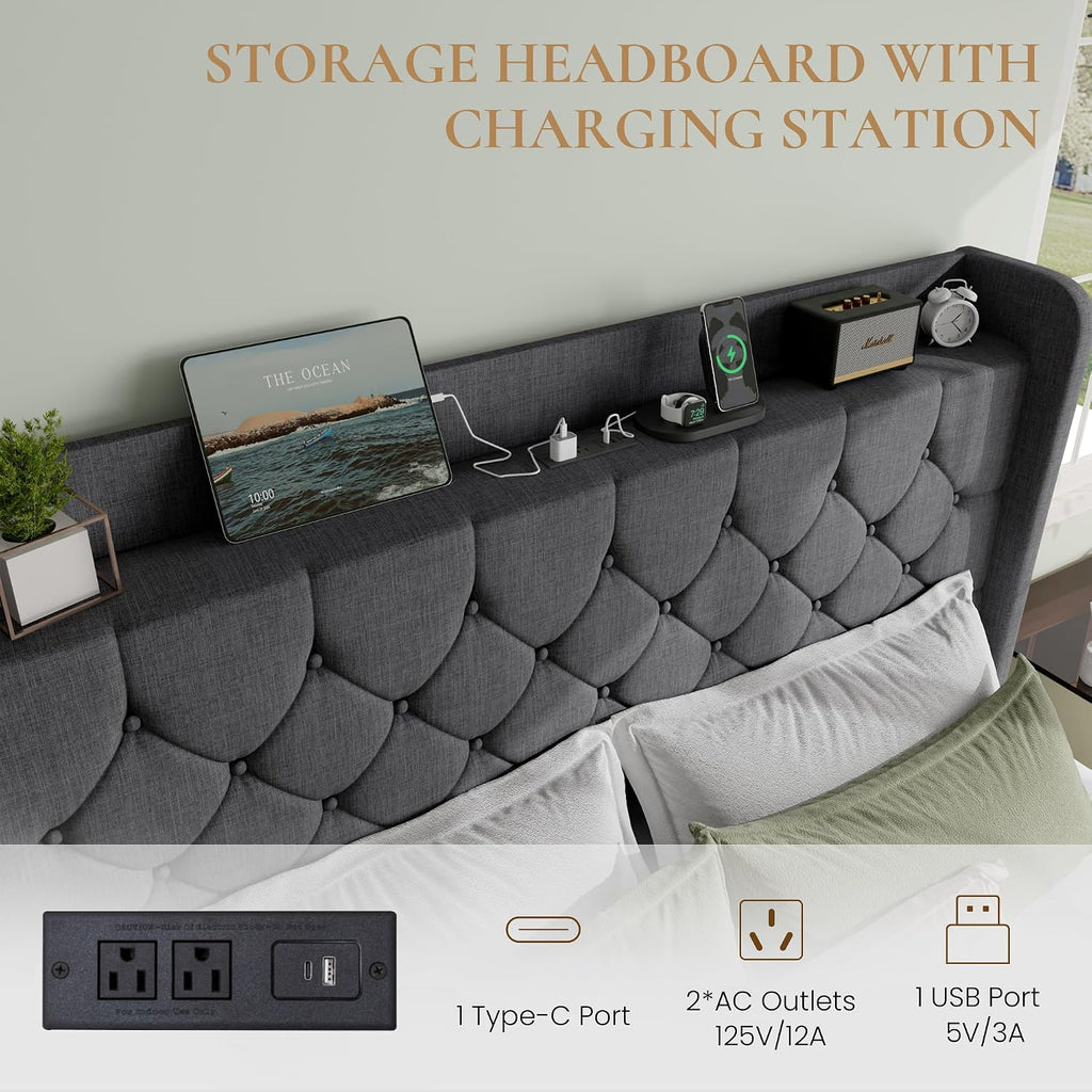 SHA CERLIN Full Size Platform Bed Frame with Charging Station, Linen Wingback Headboard with Storage Shelf, Wooden Slats Support, Ample Under-Bed Space, No Box Spring Needed, Easy Assembly, Dark Grey