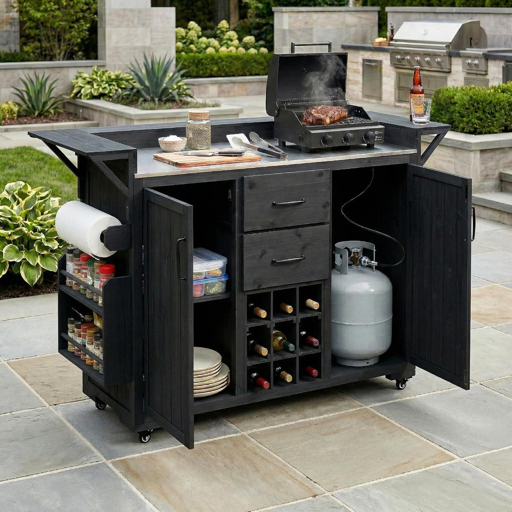 Modern 60.2''W Outdoor Kitchen Island with Wheels,Rolling Patio BBQ Cart with Stainless Steel Top,Wood Grill Cart with Spice Rack&Wine Rack,2 Drawers (Black-T)