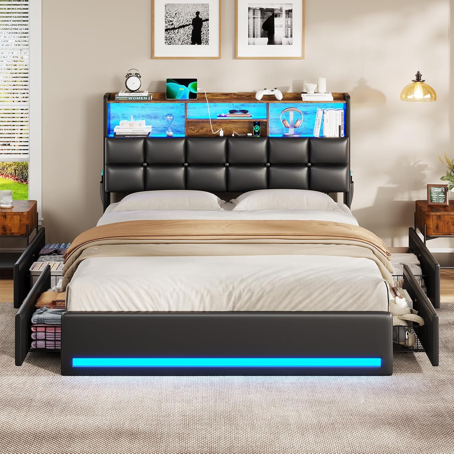 VIAGDO Full Size Bed Frame with Bookcase Headboard and Storage, Upholstered Platform Bed Frame Full Size with Charging Station, 4 Drawers and LED Lights, Heavy Duty, No Box Spring Needed, Black