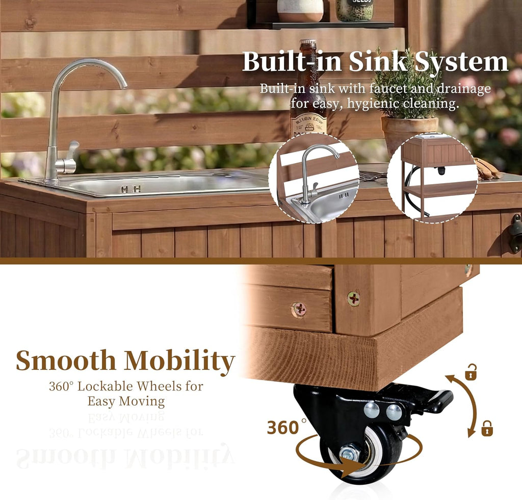 41.7'' Large Patio Rolling Kitchen Island,Solid Wood Kitchen Cart with Sink,Garden Potting Bench with Stainless Table Top,2 Movable Shelves and 1 Bottle Opener (Brown-RK)