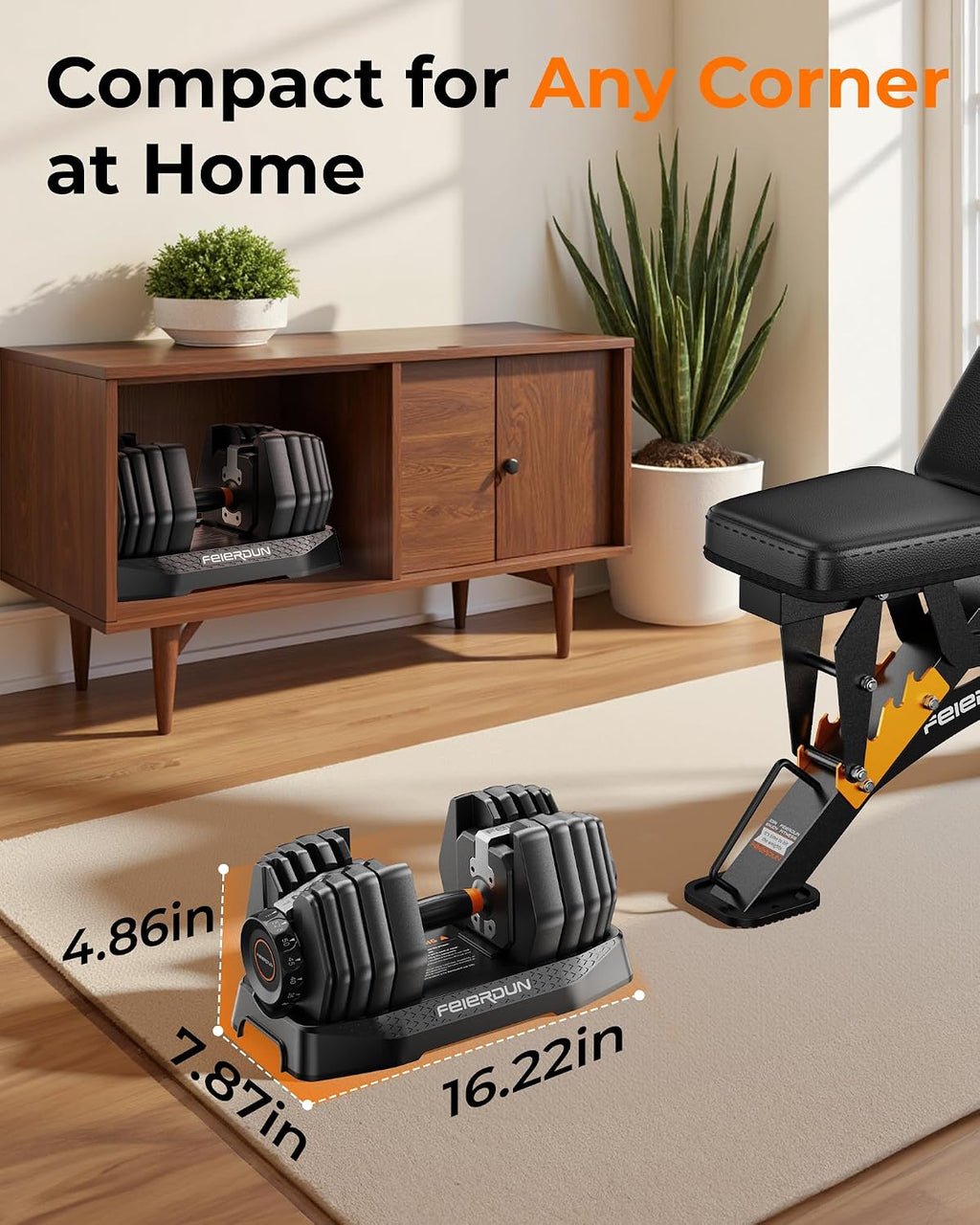 FEIERDUN DB1 QuickDial Adjustable Dumbbell Set, 15-in-1 Adjustable Weights with Storage Box & App, 105lb/52.5lb Quick Change for Drop Set, Superset & HIIT Home Gym, Non-Slip Handles, 3-year Aftersale Service