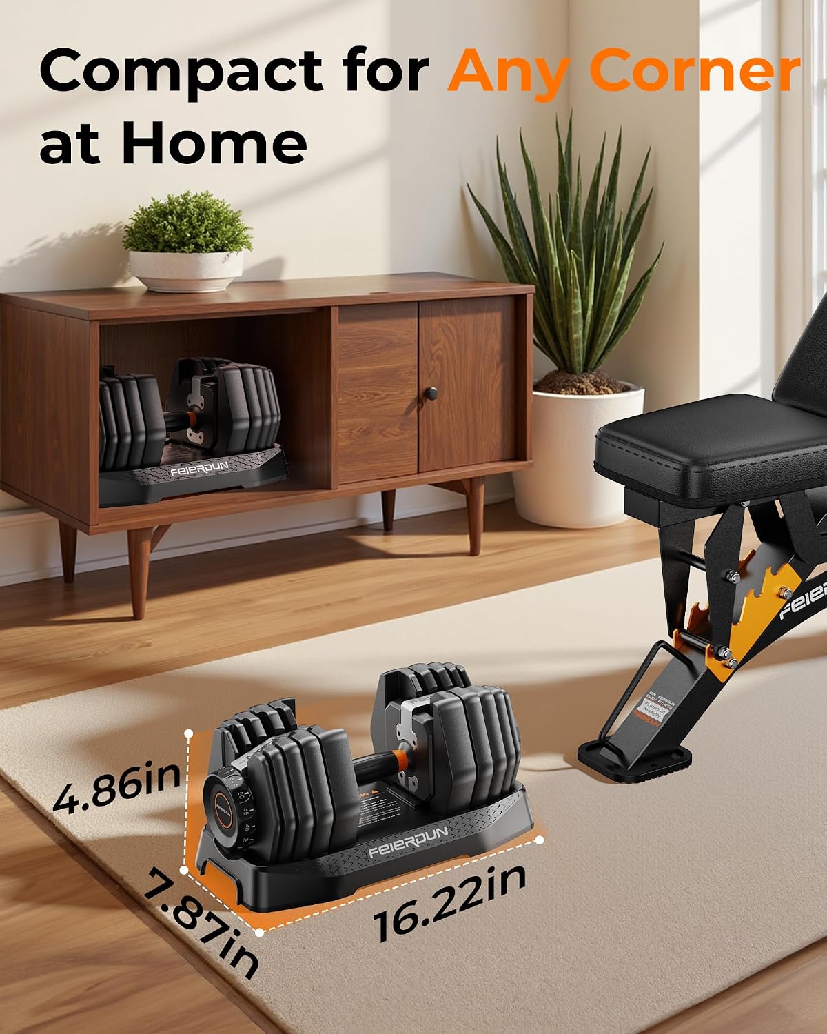 FEIERDUN DB1 QuickDial Adjustable Dumbbell Set, 15-in-1 Adjustable Weights with Storage Box & App, 105lb/52.5lb Quick Change for Drop Set, Superset & HIIT Home Gym, Non-Slip Handles, 3-year Aftersale Service