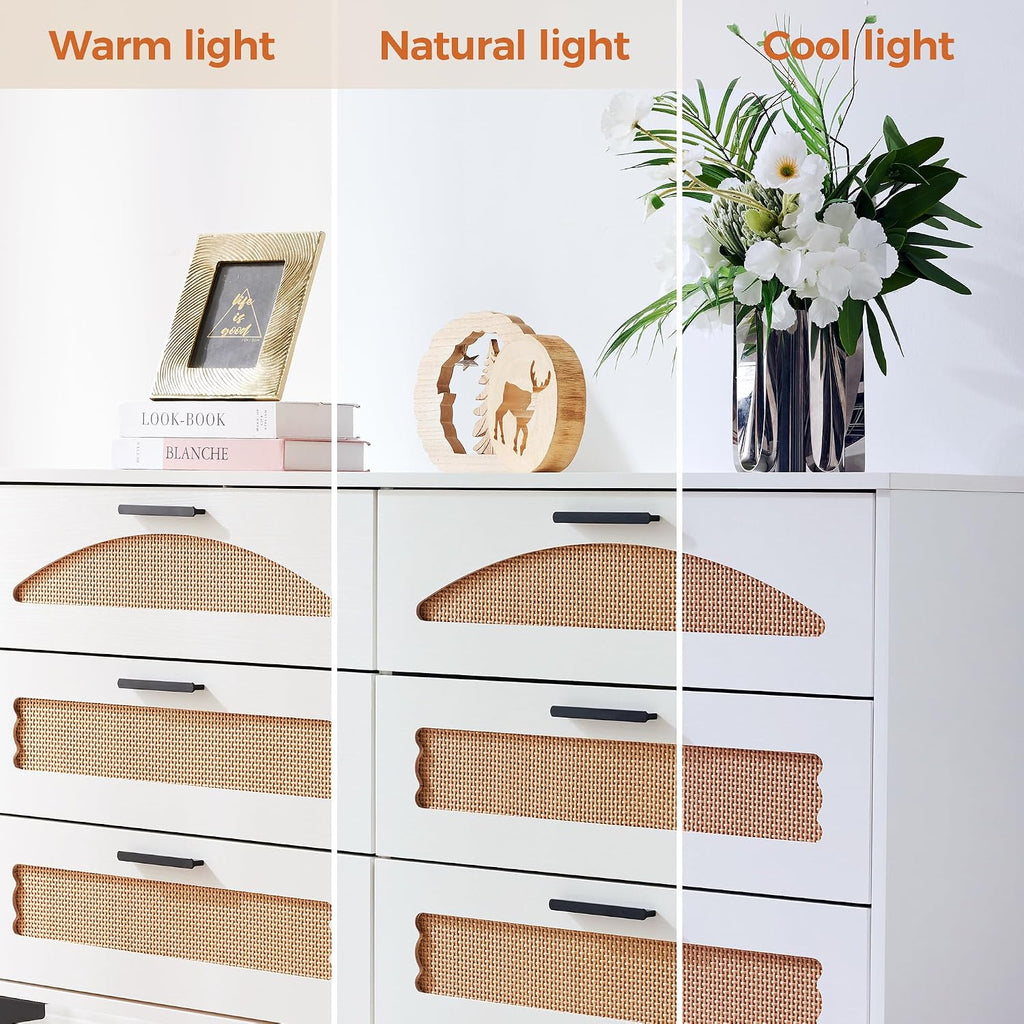 Mericonia 6 Drawer Double Dresser for Bedroom, Wood Rattan Dresser for Closet with Metal Legs, Boho TV Stand with Drawers, Dressers & Chests of Drawers for Bedroom, Hallway and Entryway, White