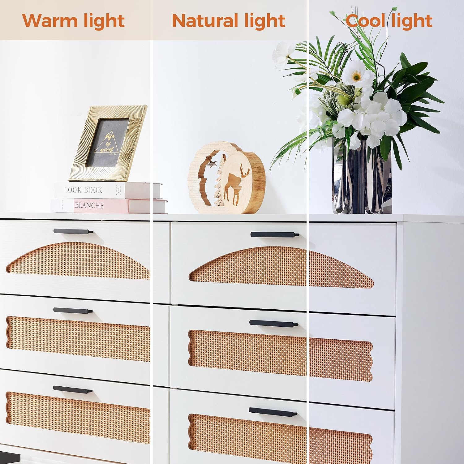 Mericonia 6 Drawer Double Dresser for Bedroom, Wood Rattan Dresser for Closet with Metal Legs, Boho TV Stand with Drawers, Dressers & Chests of Drawers for Bedroom, Hallway and Entryway, White