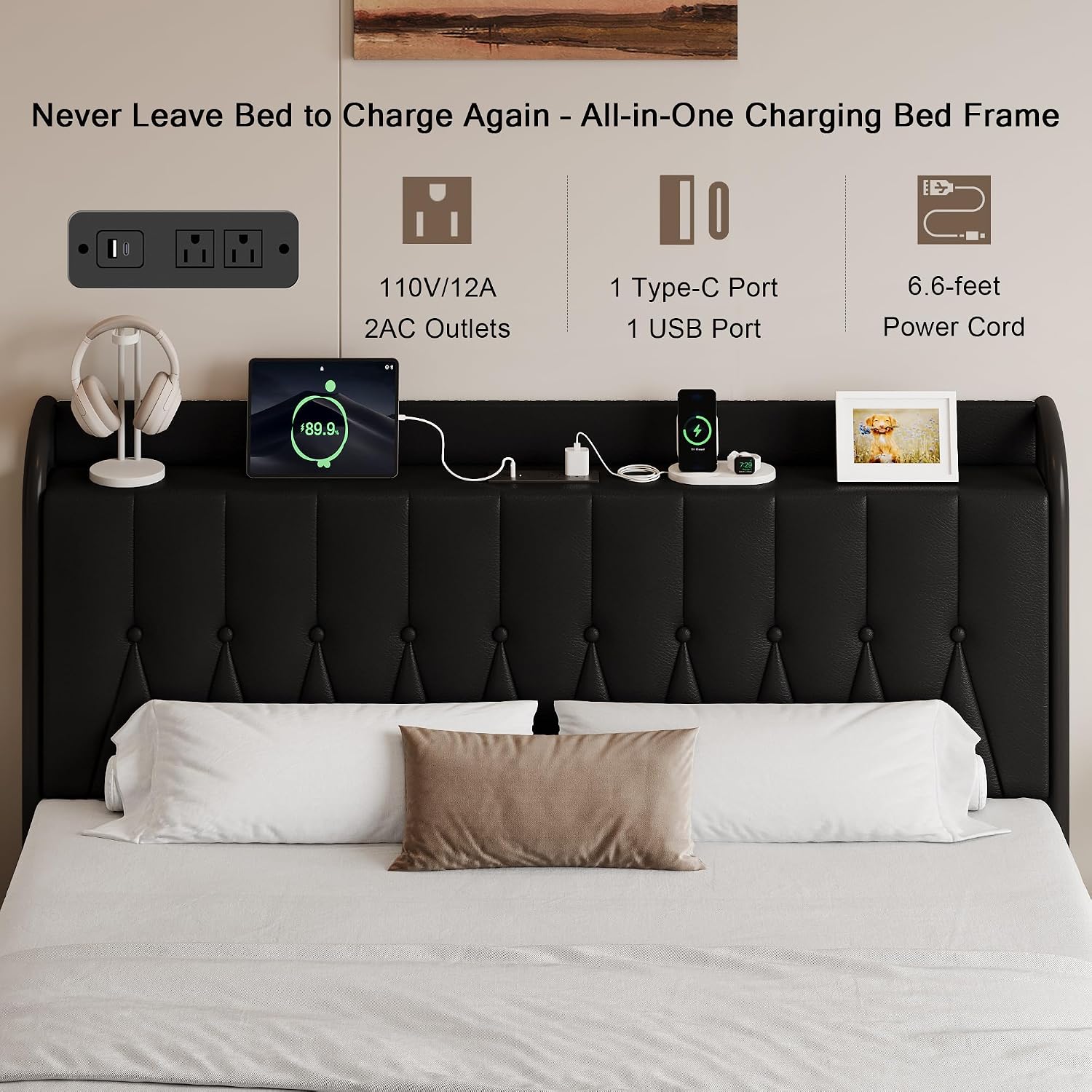Einhomn Full Size Bed Frame with Charging Station, Platform Bed with Faux Leather Upholstered Storage Headboard & Footboard, 12' Underbed Space, Noise-Free, Easy Assembly, No Box Spring Needed, Black