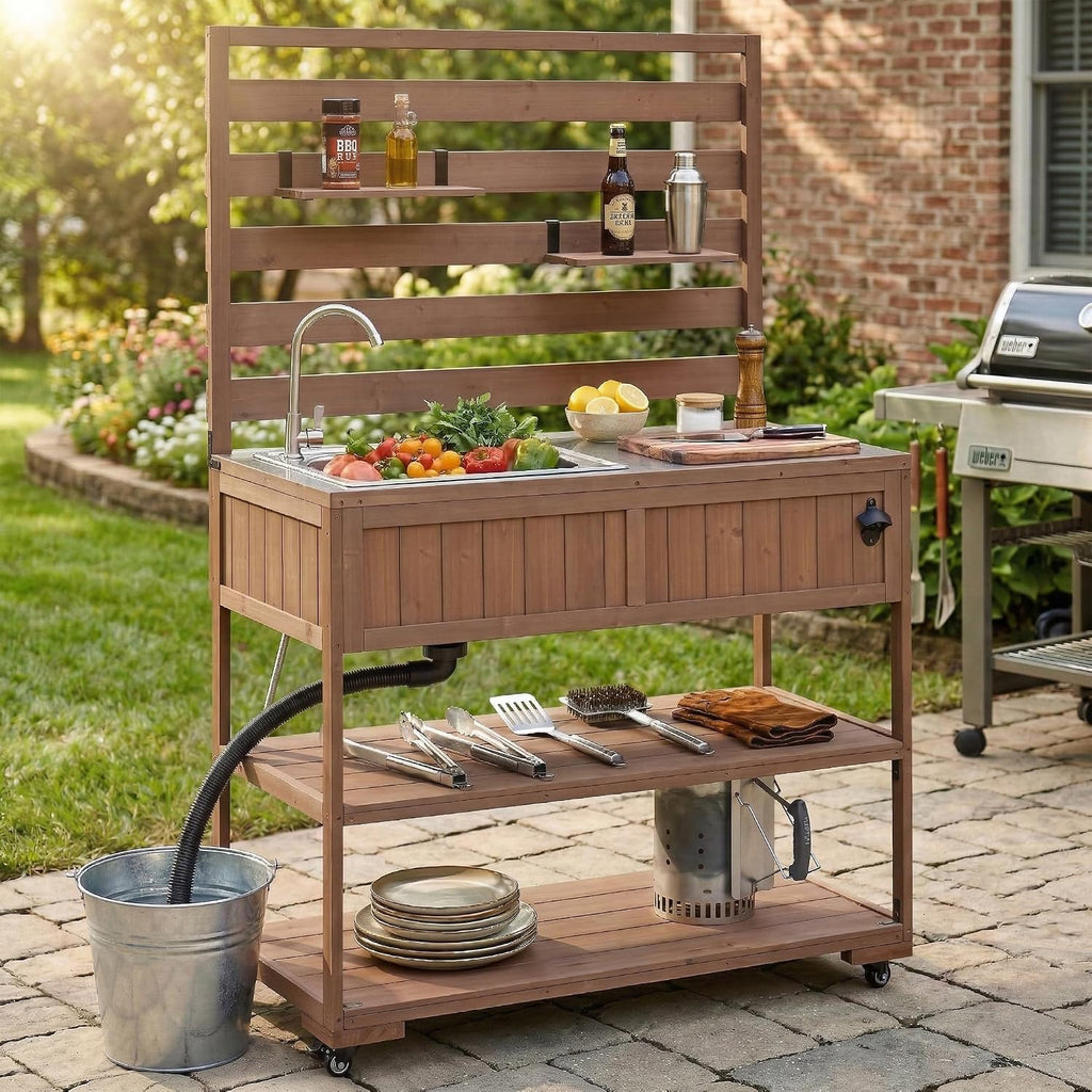 41.7'' Large Patio Rolling Kitchen Island,Solid Wood Kitchen Cart with Sink,Garden Potting Bench with Stainless Table Top,2 Movable Shelves and 1 Bottle Opener (Brown-RK)
