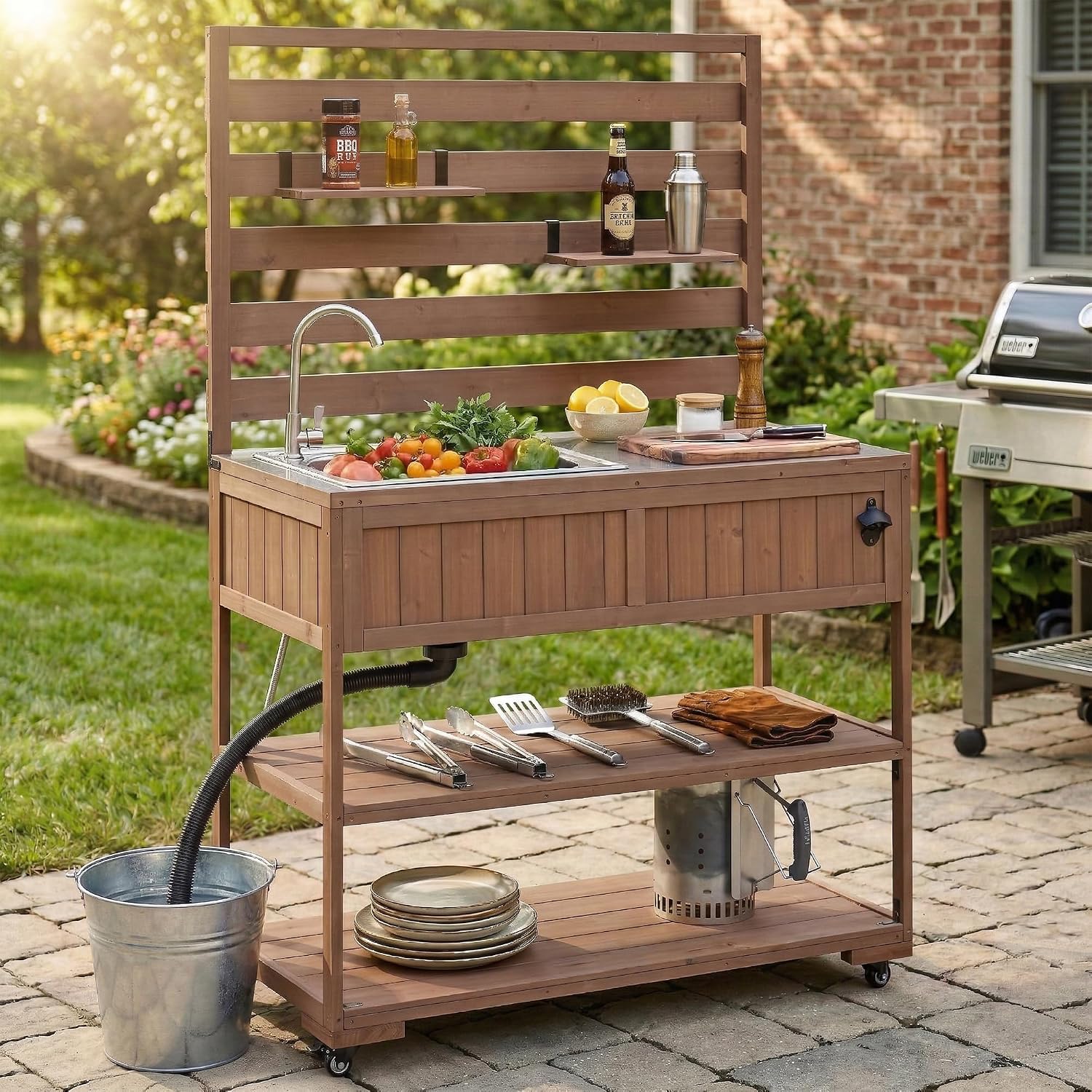 41.7'' Large Patio Rolling Kitchen Island,Solid Wood Kitchen Cart with Sink,Garden Potting Bench with Stainless Table Top,2 Movable Shelves and 1 Bottle Opener (Brown-RK)