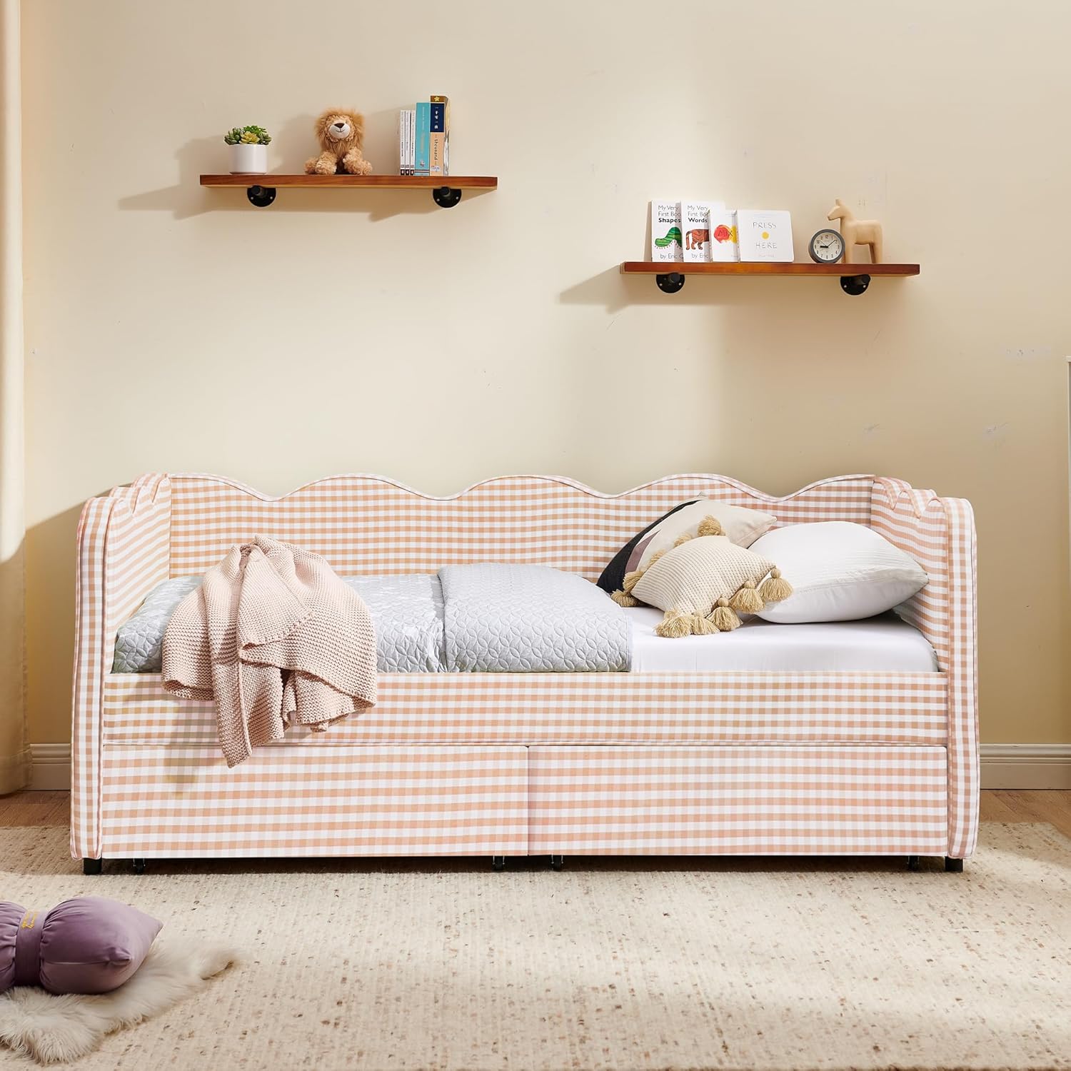 DEINPPA Twin Size Upholstered Daybed with 2 Storage Drawers, Gingham Daybed with USB Ports for Bedroom Living Room Guest Room-Pink