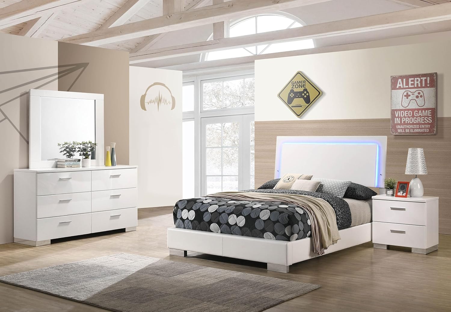 Coaster Home Furnishings Felicity Contemporary 4-Piece Bedroom Set Full Size LED Panel Bed Frame 49-inch Headboard White High Gloss 203500F-S4