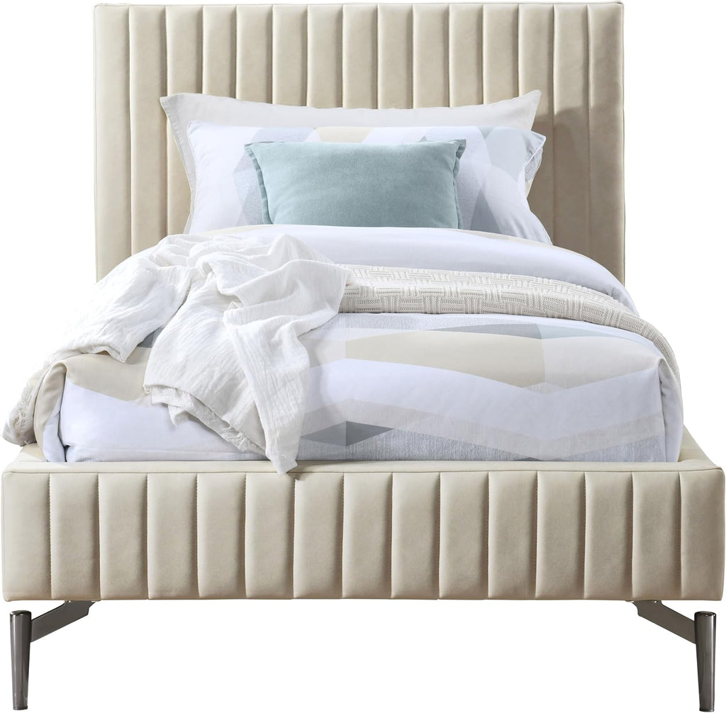 Meridian Furniture GalloBeige-T Gallo Collection Modern | Contemporary Twin Bed with Soft Beige Vegan Leather, Deep Channel Tufting and Black Metal Legs, 44' W x 84.5' D x 43.5' H, Beige, Twin