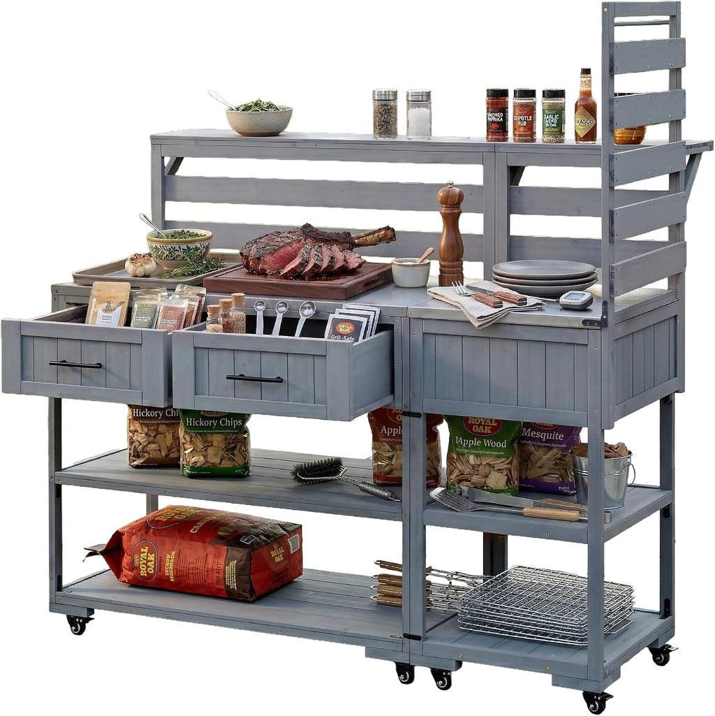 Roomfitters Garden Potting Bench with Wheels, Extra Wide Outdoor Potting Table and BBQ Prep Station, Storage Shelves, Gray