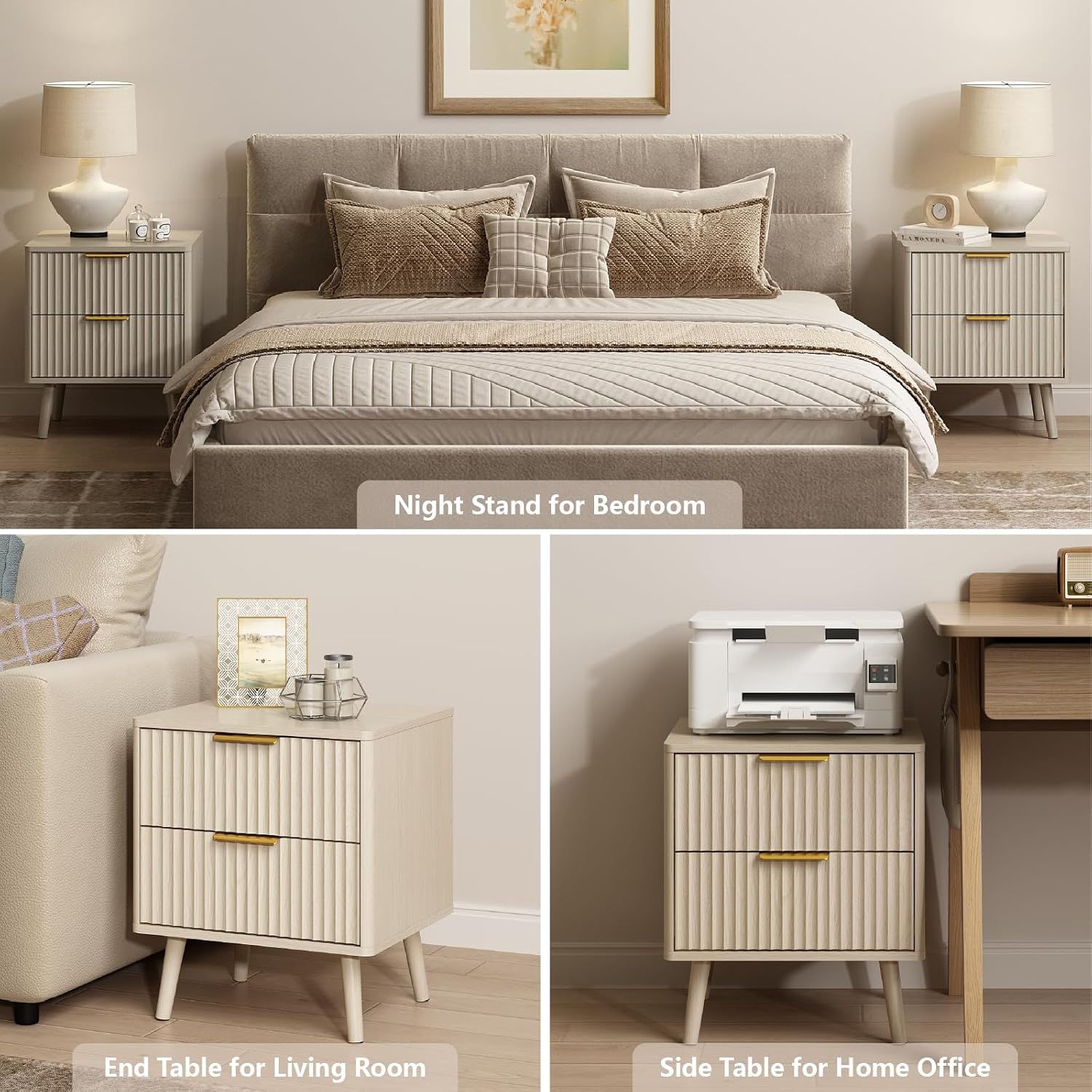 CARPETNAL Fluted Dresser and Nightstand Sets for Bedroom, 3 Pcs Bedroom Set, 7-Drawer Dresser & 2-Drawer Nightstand Set of 2, Modern Wood Chest of Drawers for Living Room, Entryway, Beige