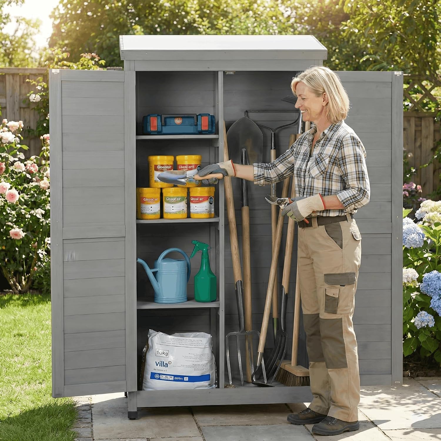 Tall Outdoor Storage Cabinet Waterproof Wood with Metal Top, Durable Patio Garden Shed for Tools, Backyard Deck and Balcony Organizer, Outside Hutch, 68-Inch Tall, Gray