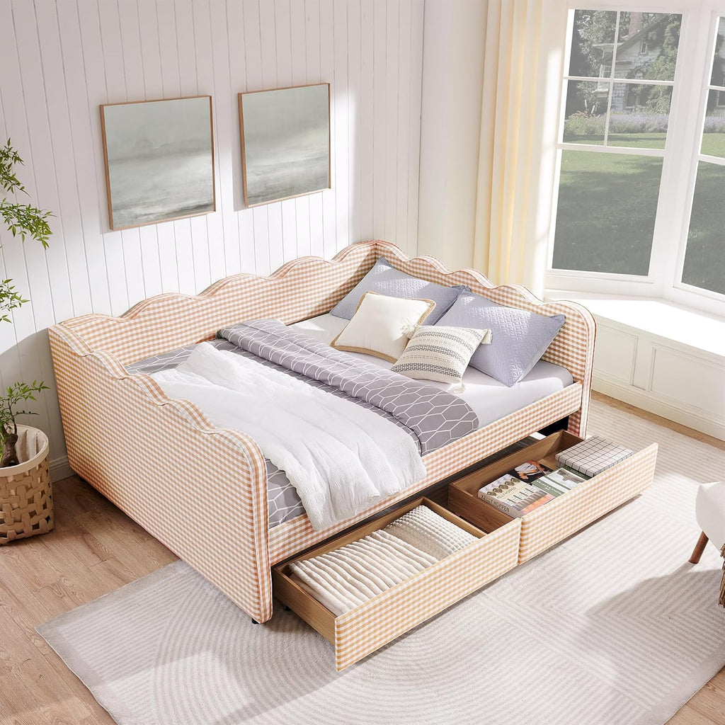 DEINPPA Queen Size Upholstered Daybed with 2 Storage Drawers, Gingham Daybed with USB Ports for Bedroom Living Room Guest Room-Pink