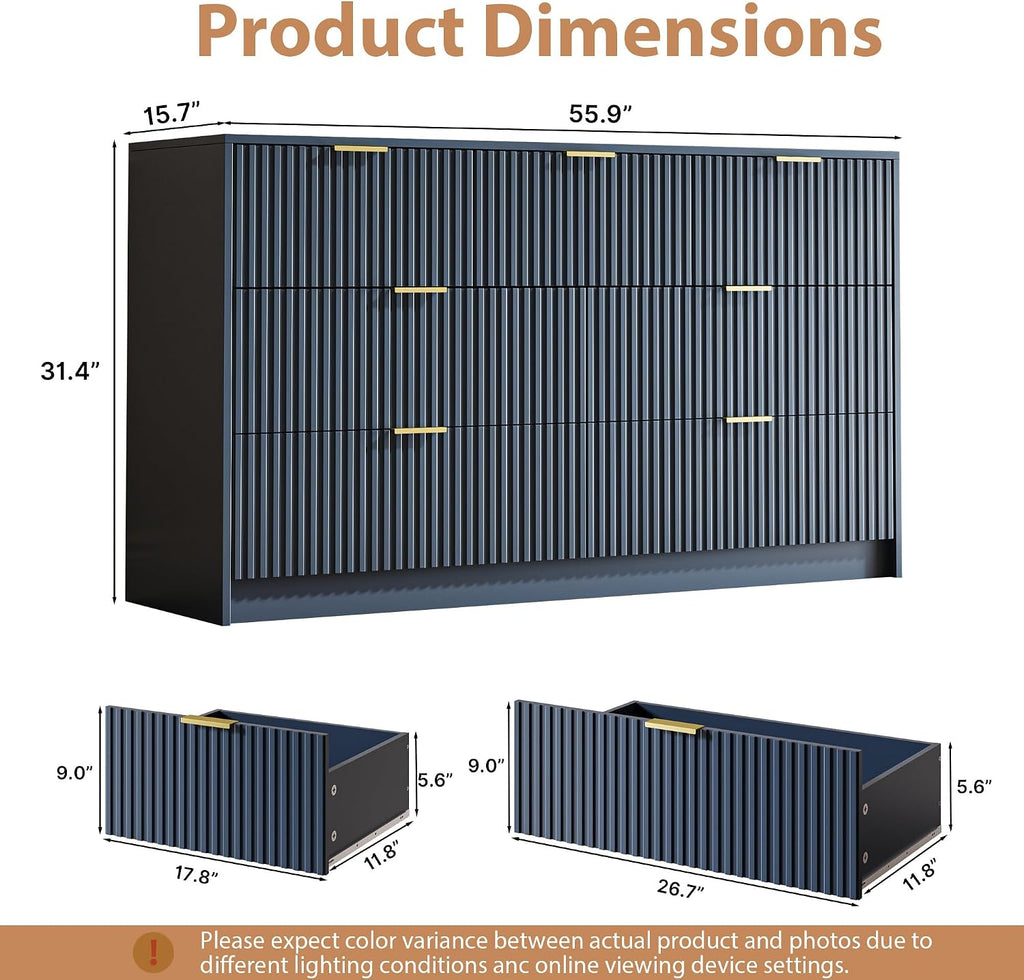 MAISONARIA Navy 7 Drawer Dresser for Bedroom, 55.9' Wide Modern Fluted Dresser with Gold Metal Handles, Large Chest of Drawers for Bedroom, Living Room, Entryway, Hallway