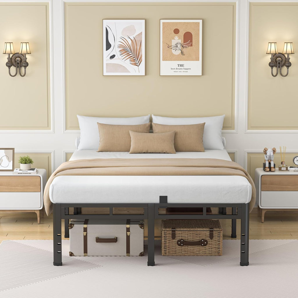NKZ 22 Inch Full Size Bed Frame, Metal Bed Frame & Box Spring 2 in 1 Platform with Round Corner Legs, 4000Lbs Heavy Duty Metal Frame, Mattress Slide Stopper, Headboard Hole, Noise-Free, Easy Assembly