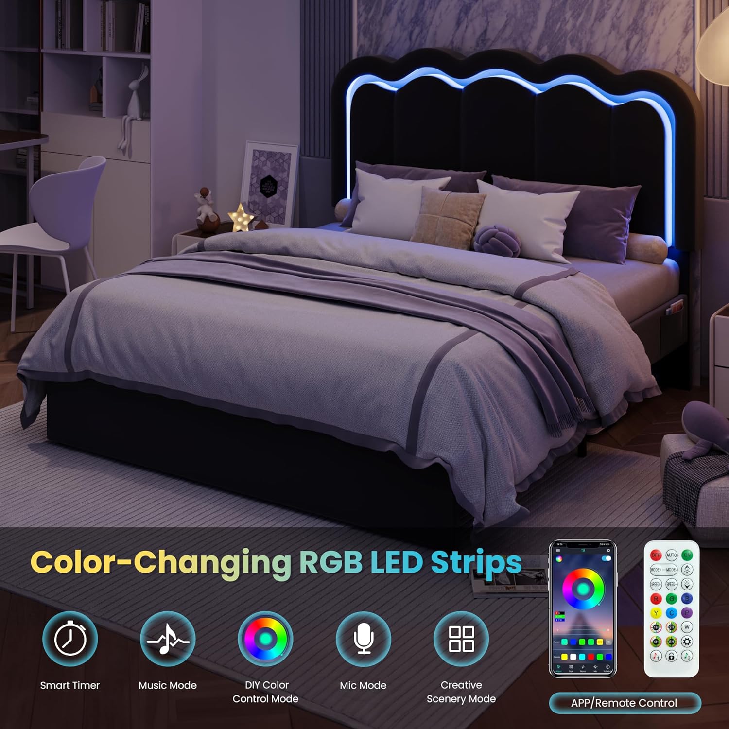 SHA CERLIN Upholstered Full Size Bed Frame with LED Lights and Large Storage Drawer, Velvet Platform Bed with Adjustable Wavy Headboard, Noise Free, Easy Assembly, No Box Spring Needed, Soft Black