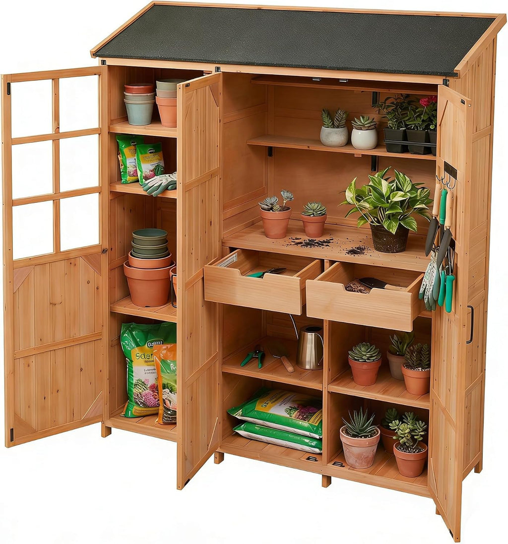 Merax Potting Bench with Waterproof Roof, Patio Garden Shed with 3 Doors Storage Cabinet with Workstation, 7 Storage Shelves, 2 Drawers and 6 Hooks for Backyard, Natural