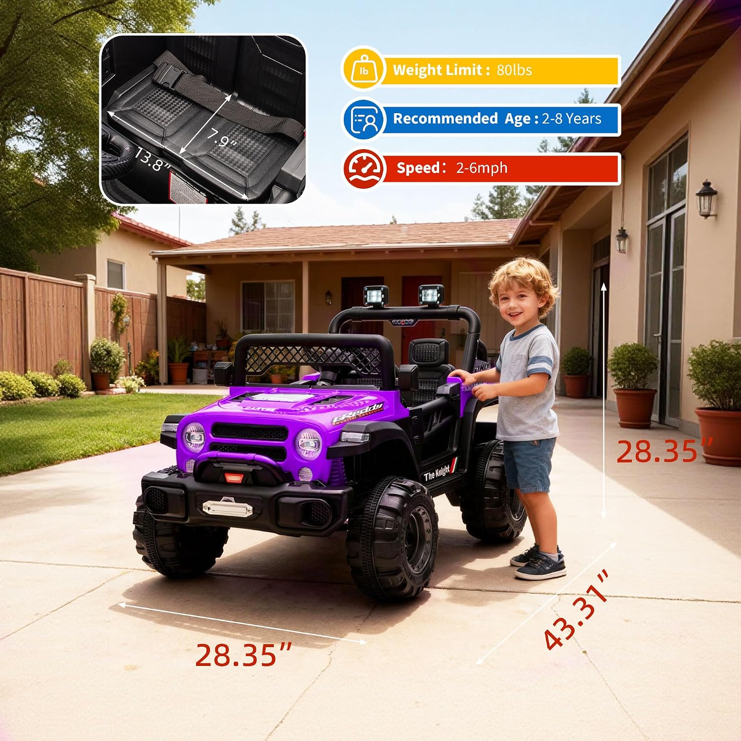 12V Ride on Truck，Kids Electric Car with Parent Remote Control| Features 3 Speeds Up to 6MPH, 2 * 550w Moto, Safty Belt，Spring Suspension, LED Lights, Music for Children Aged 2-8 Years(Purple