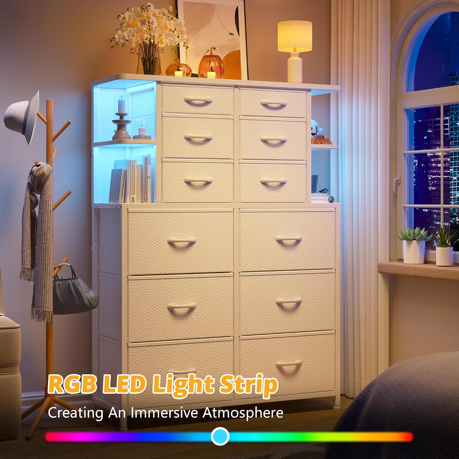 White Dresser for Bedroom with 12 Drawers & LED Lights,4 Open Storage Shelves, Fabric Dressers & Chests of Drawers for Living Room, Entryway, Dorm, Metal Frame, Wood Top,45.2' H x 35.4' W x 11.8' D