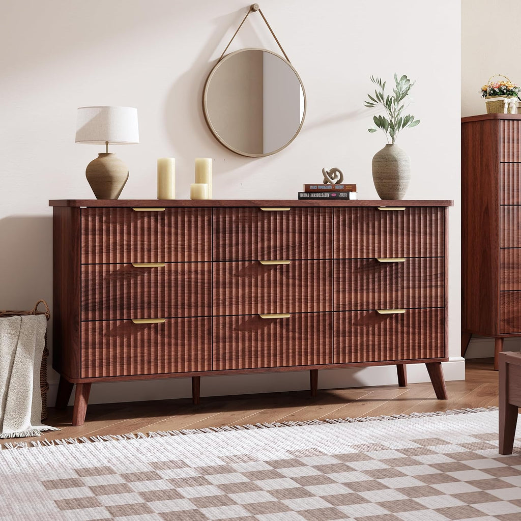 GarveeHome Fluted Dresser for Bedroom with 9 Deep Drawers, 60.6 in Wide Modern Chest of Drawers, Wooden Dresser TV Stand, Curved Profile Design, for Living Room, Kids Room, Hallway, Walnut