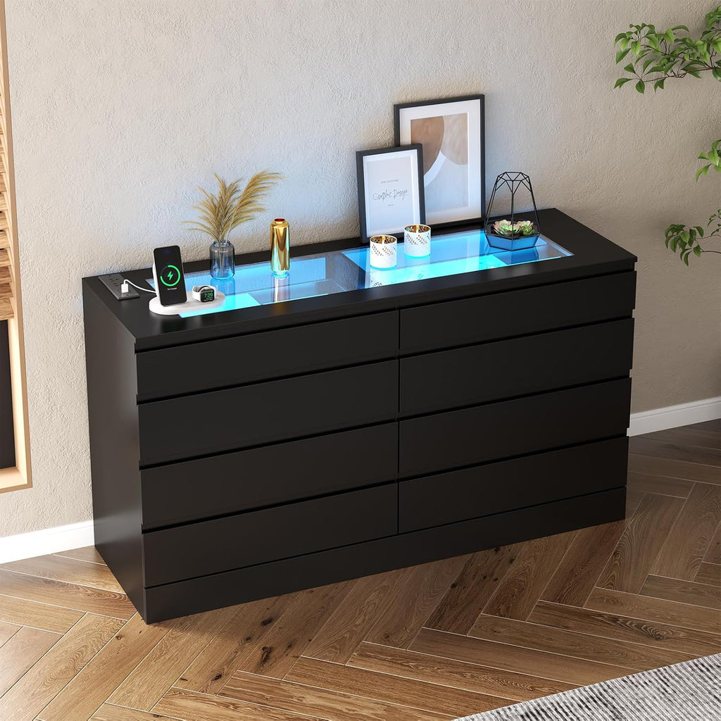 Gyfimoie 8 Drawer Dresser with Power Outlet, White Dresser for Bedroom Chest of Drawer with Glass Top & LED Light, Modern Double Wide Drawer Organizer Cabinet for Living Room (Black)