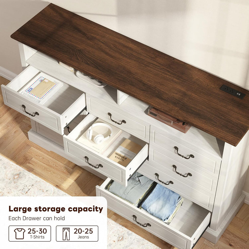 EnHomee 10 Drawers Dresser for Bedroom 55.2''Wide Wood Dresser White with LED & Power Outlet Large Space Saver & Chests of Drawers for Hallway, 55.2' W x 39.4' H x15.8 D