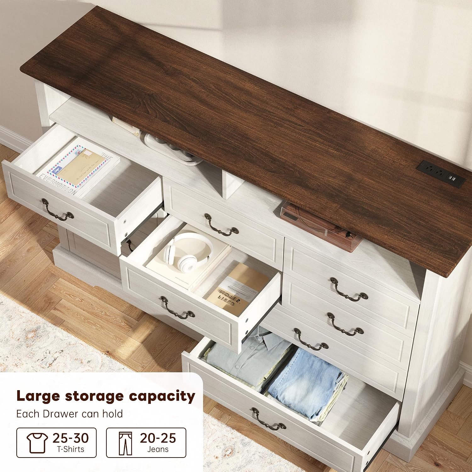 EnHomee 10 Drawers Dresser for Bedroom 55.2''Wide Wood Dresser White with LED & Power Outlet Large Space Saver & Chests of Drawers for Hallway, 55.2' W x 39.4' H x15.8 D