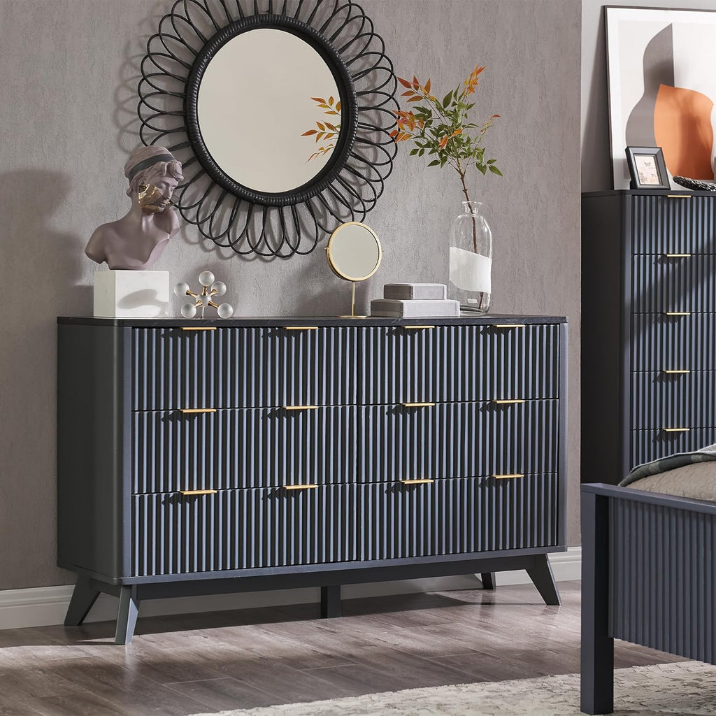T4TREAM Fluted 6 Drawers Dresser, 54' Wide Modern Chest of Drawers with Faux Marble Top, Curved Profile Design, Dresser TV Stand, Wood Drawer Organizer for Bedroom, Living Room, Hallway, Dark Grey