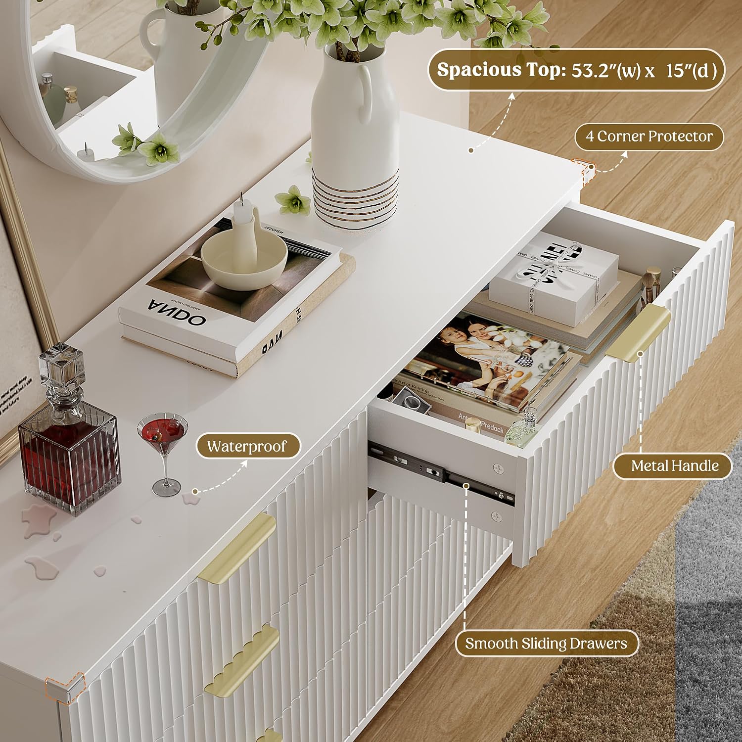 Lulive White Dresser for Bedroom Wood Dressers Chest of Drawers, Fluted 53.2' Wide Modern Long Dresser TV Stand 6 Drawers for Bedroom, Closet, Living Room, Hallway (White)