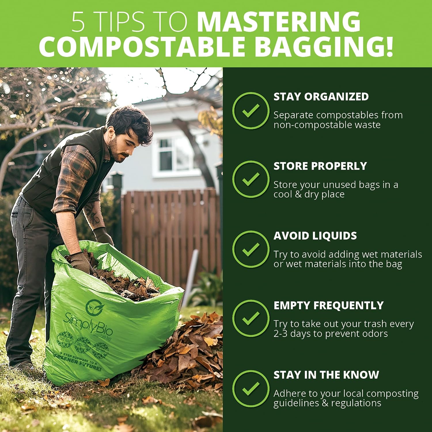 Simply Bio 64 Gallon Compostable Trash Bags Liners Flat-Top, Heavy Duty Extra Thick 1.57 Mil, 227.12 Liter, 60 Bags, Lawn, Yard, and Restaurant Use, ASTM D6400, US BPI, OK Compost Home Certified