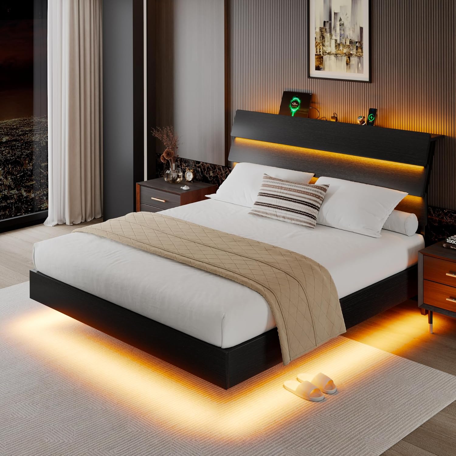 iPormis Floating Full Size Bed Frame with LED Lights & Charging Station, Platform Bed with Wooden Storage Headboard, Steel Slats Support, No Box Spring Needed, Easy Assembly, Noise-Free, Black