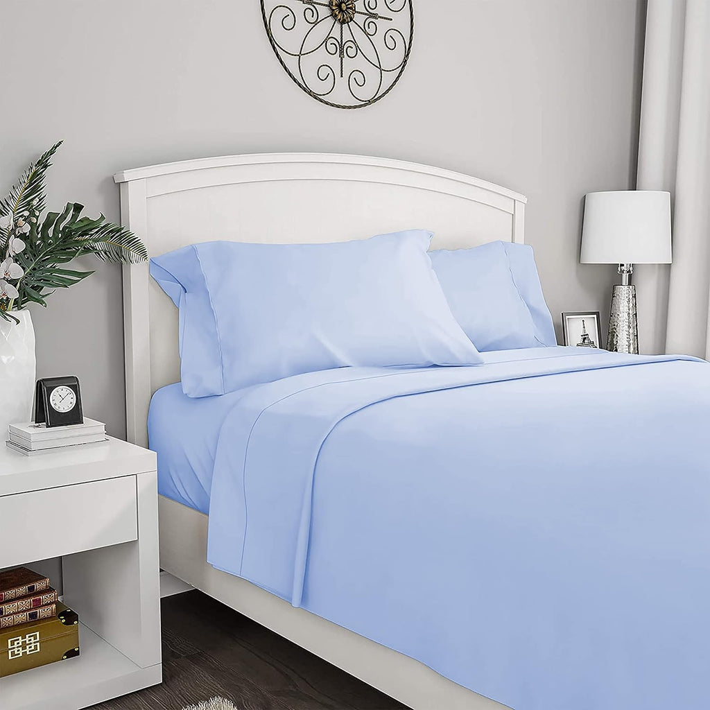 4 Piece Solid Bed Sheet Set- 600TC Egyptian Cotton - Luxury Bedding Set Fits Up to 19 Inches Deep Pocket - 4 Piece Sheet Set (Queen Size, Sky Blue)