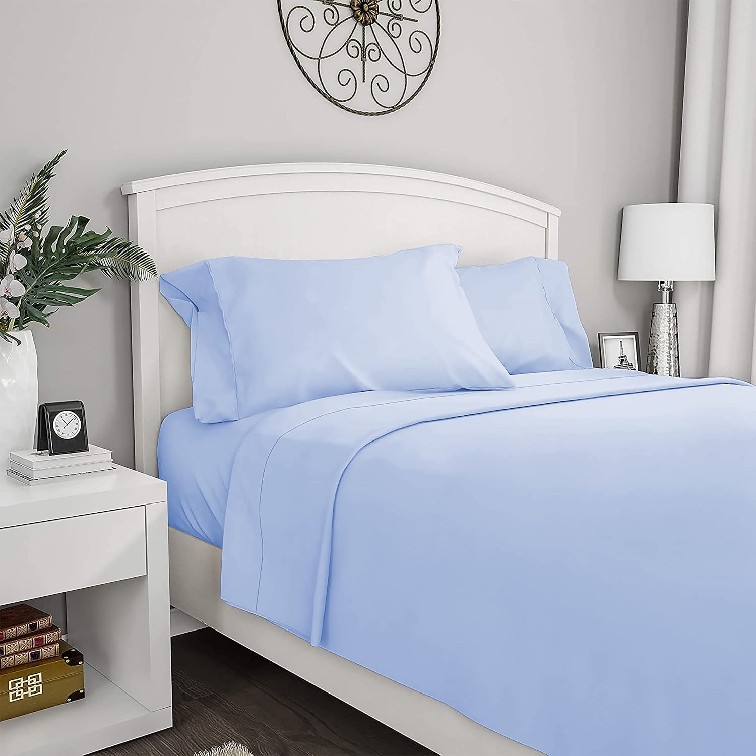 4 Piece Solid Bed Sheet Set- 600TC Egyptian Cotton - Luxury Bedding Set Fits Up to 19 Inches Deep Pocket - 4 Piece Sheet Set (Full Size, Sky Blue)