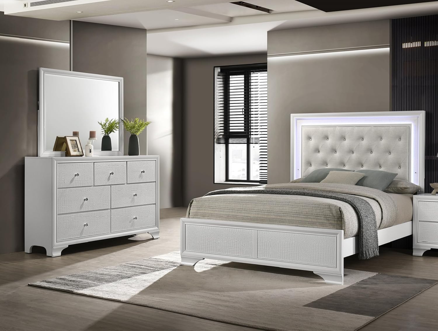 Modern Crisp White Textured Finish Tufted Headboard Integrated LED Lighting Full Size 3pc Bed Set Bedroom Furniture