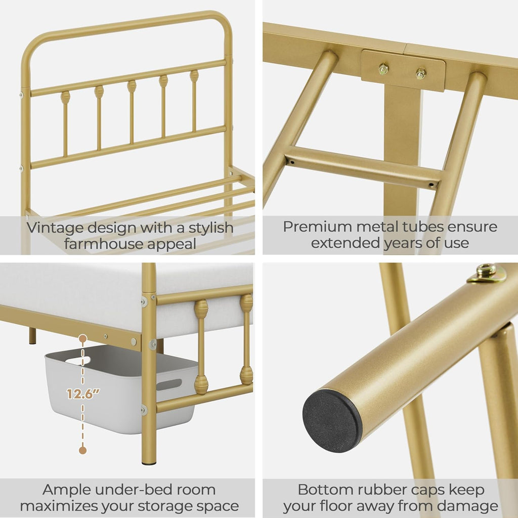 Topeakmart King Size Victorian Style Metal Bed Frame with Headboard/Mattress Foundation/No Box Spring Needed/Under Bed Storage/Strong Slat Support Antique Gold