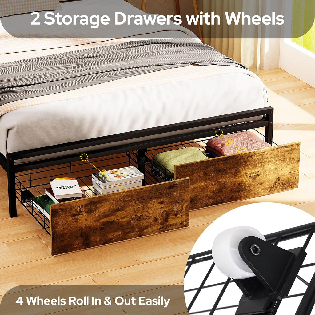Zevemomo Queen Bed Frame with Drawers, LED Queen Bed Frame with Headboard, Charging Station with 3 USB Ports & 1 Type-C Port, No Noise, Rustic Brown