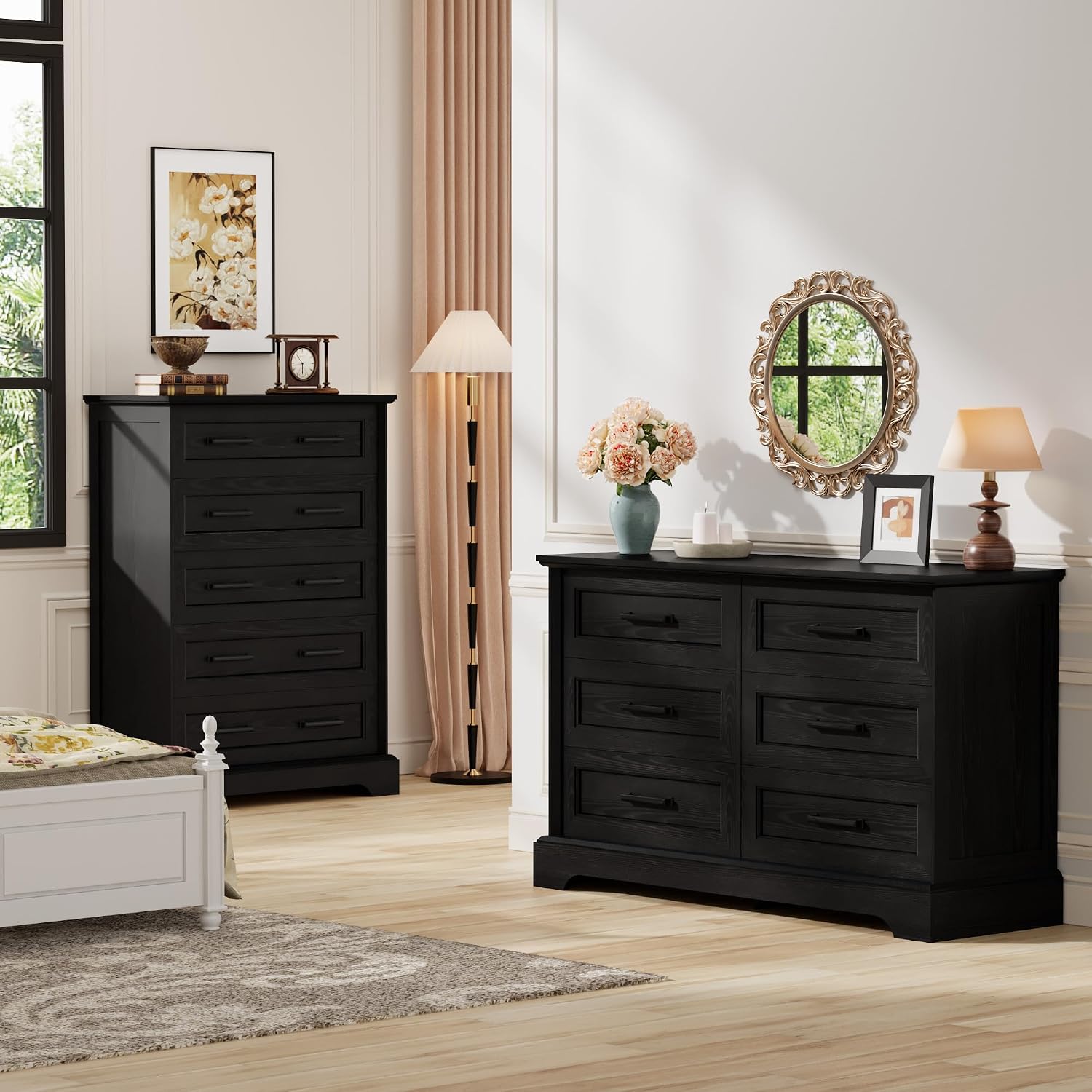 Furmax Farmhouse Dresser for Bedroom, 6 Drawers Dresser, Wood Chest of Drawers, 47.2' Wide Storage Dressers Organizer for Bedroom, Living Room, Dark Black