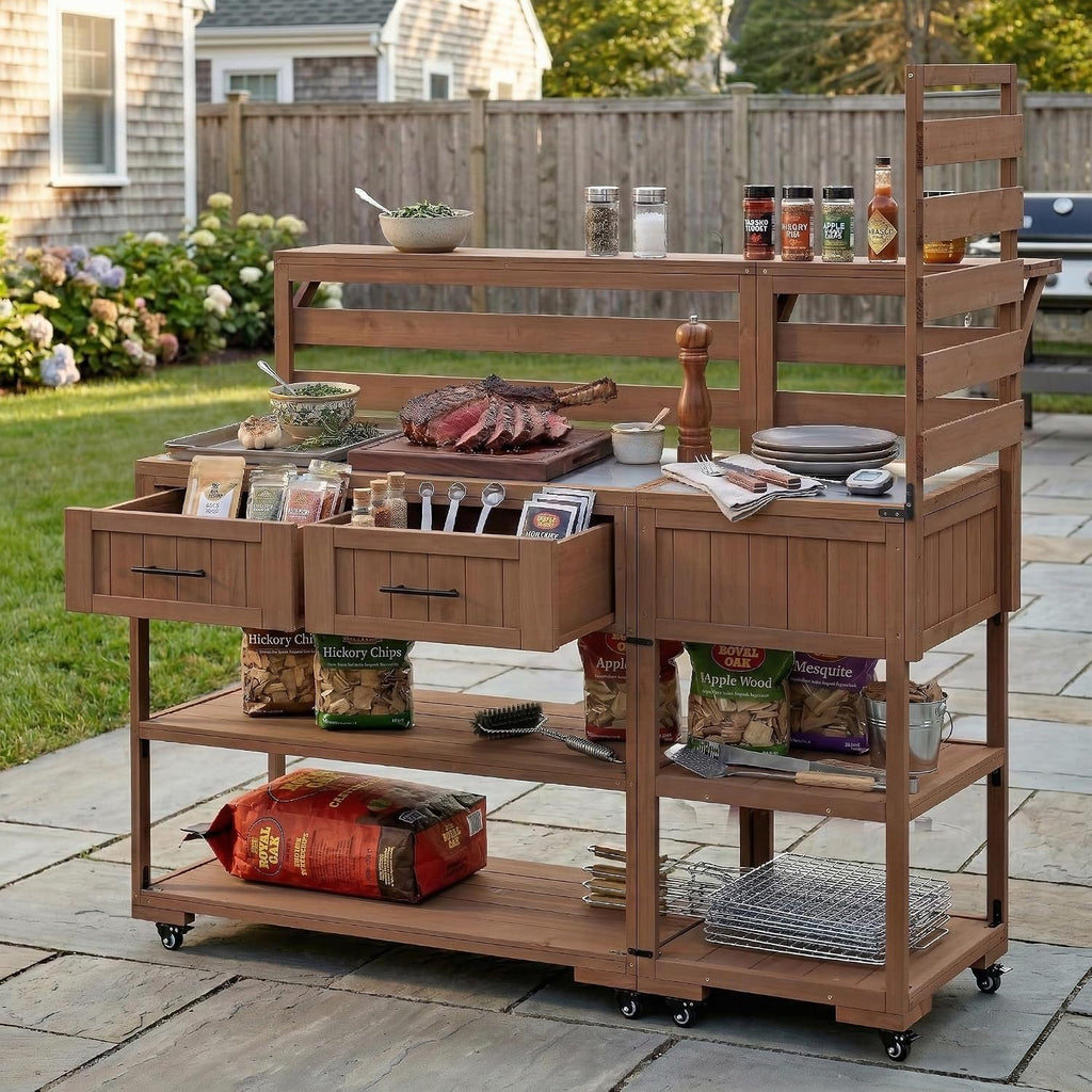 62.3'' Patio Kitchen Island Cart with Stainless Table Top,Solid Wood Garden Potting Bench with Raised Shelf and Drawers, Grill Prep Table for BBQ, Party (Brown-PK)