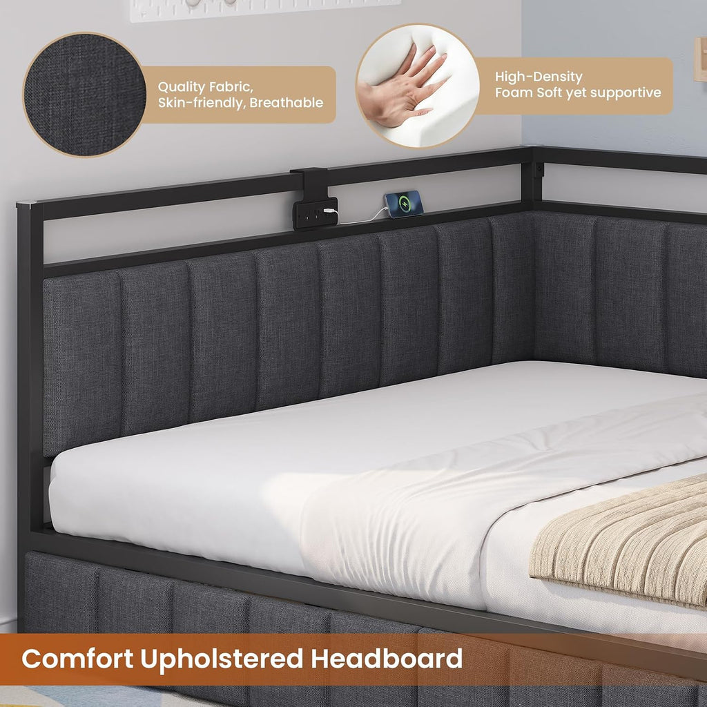 Hasuit Queen Corner Bed Frame with Storage Drawers, Queen Daybed with Line Fabric Upholstered Fence, Kids Bed Unit with LED Light and Charging Station, Modern Bed Frame Queen Size, Gray